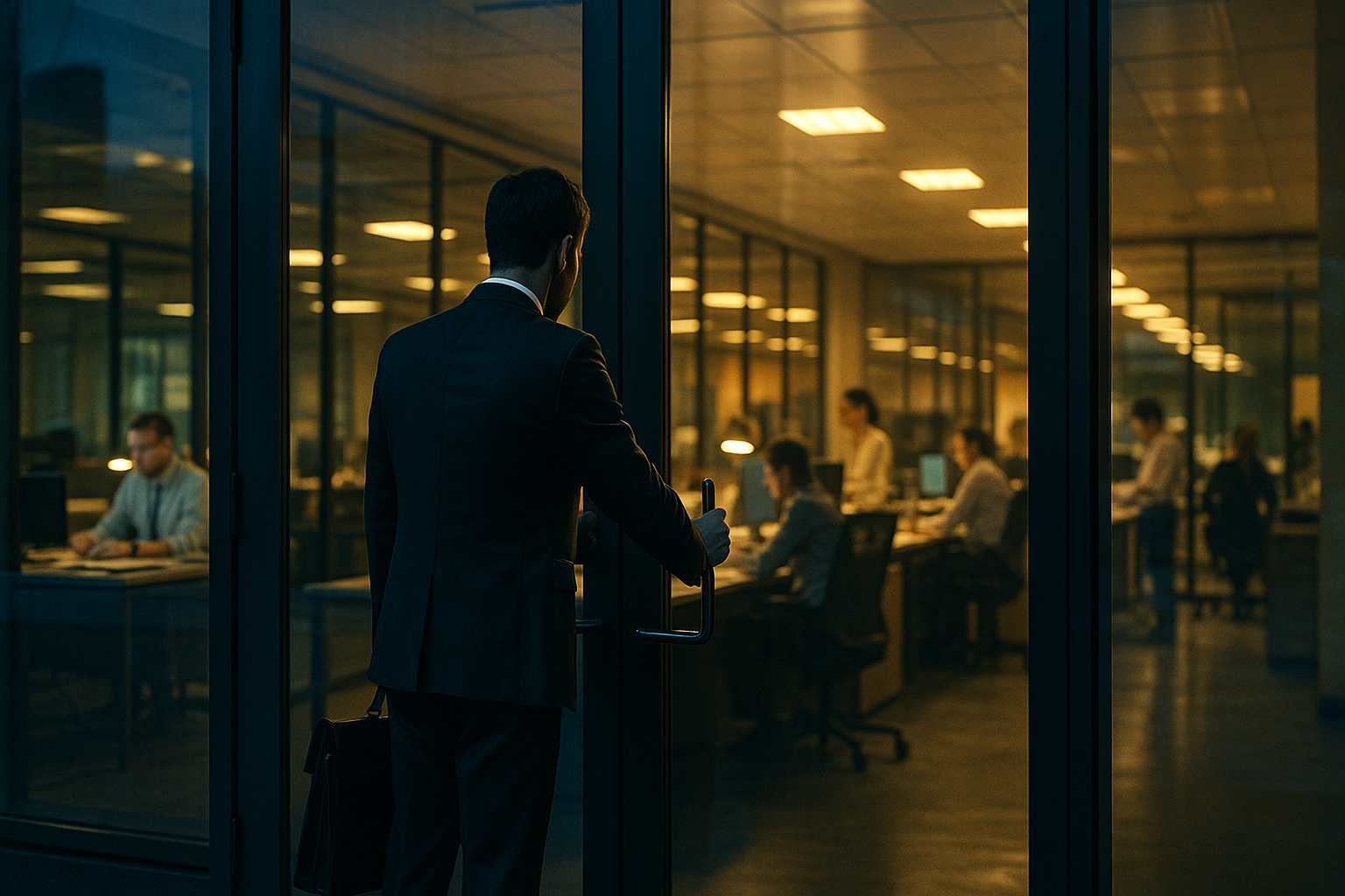 Ein Mann mittleren Alters steht vor einer massiven verschlossenen Glastür eines modernen Firmengebäudes, Hand an der Tür, verzweifelte Körperhaltung, durch das Glas sieht man sein Team im hell erleuchteten Büro arbeiten, während er in der kühlen Dämmerung draußen steht, dramatischer Licht-Schatten-Kontrast symbolisiert Ausschluss und den Moment vor der großen Transformation, Reflexionen im Glas zeigen sowohl seine Isolation als auch sein Spiegelbild