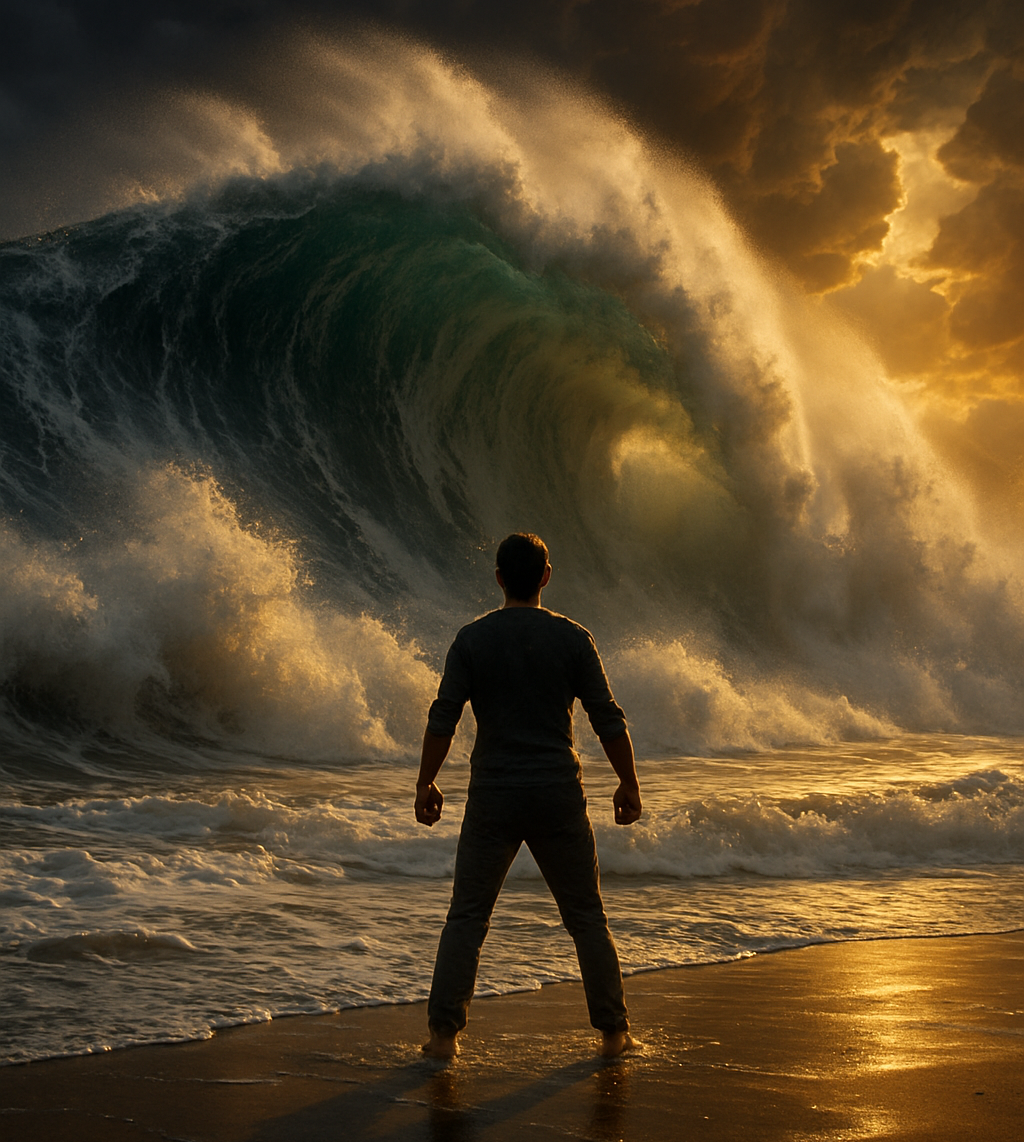 Eine Person steht an einer Weggabelung in dramatischer Naturkulisse (zwischen Bergen oder am Meer). Hinter ihr dunkle Gewitterwolken, vor ihr bricht golden-warmes Licht durch die Wolken und beleuchtet einen neuen Pfad. Die Person steht mit entschlossenem Blick nach vorne, Rücken zur Kamera, symbolisiert den Moment des Perspektivwechsels von der Krise zur Chance. Atmosphäre: transformativ, hoffnungsvoll, kraftvoll.
